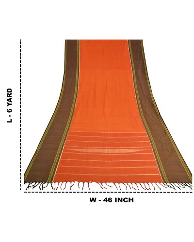 Sanskriti Vintage Saffron/Green Sarees Cotton Silk Woven Ilkal Sari 5 Yd Fabric, PS-61820-Saffron &amp; Green-Woven Work-Cotton Silk-1