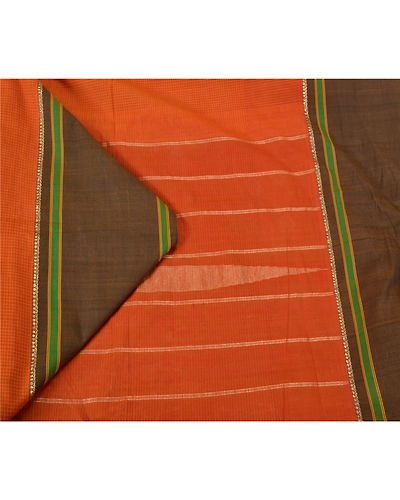 Sanskriti Vintage Saffron/Green Sarees Cotton Silk Woven Ilkal Sari 5 Yd Fabric, PS-61820-Saffron &amp; Green-Woven Work-Cotton Silk-2