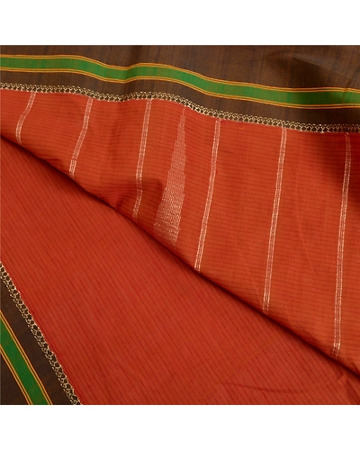Sanskriti Vintage Saffron/Green Sarees Cotton Silk Woven Ilkal Sari 5 Yd Fabric, PS-61820-Saffron &amp; Green-Woven Work-Cotton Silk-3