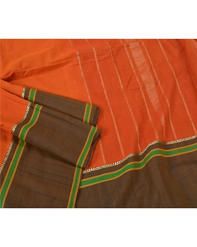 Sanskriti Vintage Saffron/Green Sarees Cotton Silk Woven Ilkal Sari 5 Yd Fabric, PS-61820-Saffron &amp; Green-Woven Work-Cotton Silk-8