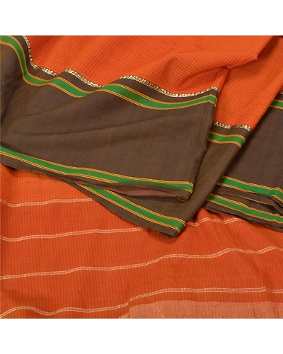 Sanskriti Vintage Saffron/Green Sarees Cotton Silk Woven Ilkal Sari 5 Yd Fabric, PS-61820-Saffron &amp; Green-Woven Work-Cotton Silk-10