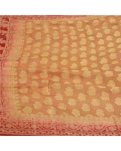 Sanskriti Vintage Peach/Dark Red Sarees 100% Pure Silk Woven Premium Sari Fabric, PS-61826-Peach &amp; Dark Red-Woven Work-Pure Silk-4