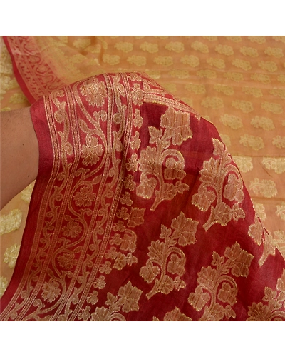 Sanskriti Vintage Peach/Dark Red Sarees 100% Pure Silk Woven Premium Sari Fabric, PS-61826-Peach &amp; Dark Red-Woven Work-Pure Silk-5