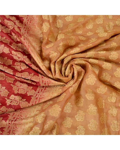 Sanskriti Vintage Peach/Dark Red Sarees 100% Pure Silk Woven Premium Sari Fabric, PS-61826-Peach &amp; Dark Red-Woven Work-Pure Silk-7