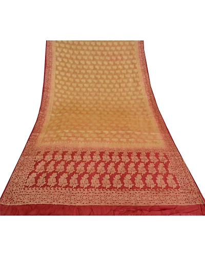 Sanskriti Vintage Peach/Dark Red Sarees 100% Pure Silk Woven Premium Sari Fabric, PS-61826-Peach &amp; Dark Red-Woven Work-Pure Silk-9