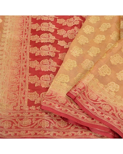 Sanskriti Vintage Peach/Dark Red Sarees 100% Pure Silk Woven Premium Sari Fabric, PS-61826-Peach &amp; Dark Red-Woven Work-Pure Silk-10