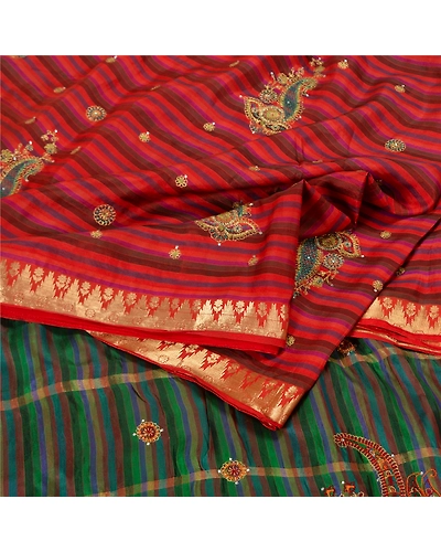 Sanskriti Vintage Green/Red Indian Sarees Pure Silk Hand Beaded Sari Fabric, PS-61827-Green &amp; Red-Thread Work-100% Pure Silk-2