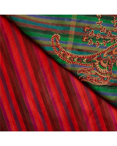 Sanskriti Vintage Green/Red Indian Sarees Pure Silk Hand Beaded Sari Fabric, PS-61827-Green &amp; Red-Thread Work-100% Pure Silk-3