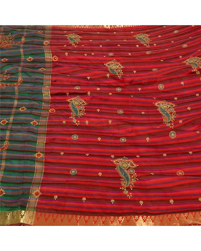 Sanskriti Vintage Green/Red Indian Sarees Pure Silk Hand Beaded Sari Fabric, PS-61827-Green &amp; Red-Thread Work-100% Pure Silk-4
