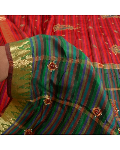 Sanskriti Vintage Green/Red Indian Sarees Pure Silk Hand Beaded Sari Fabric, PS-61827-Green &amp; Red-Thread Work-100% Pure Silk-5