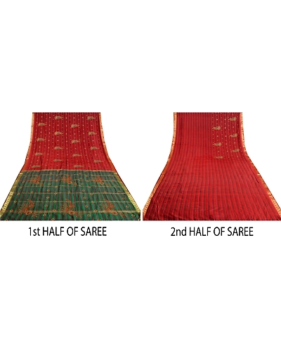 Sanskriti Vintage Green/Red Indian Sarees Pure Silk Hand Beaded Sari Fabric, PS-61827-Green &amp; Red-Thread Work-100% Pure Silk-6