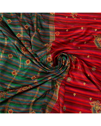 Sanskriti Vintage Green/Red Indian Sarees Pure Silk Hand Beaded Sari Fabric, PS-61827-Green &amp; Red-Thread Work-100% Pure Silk-7