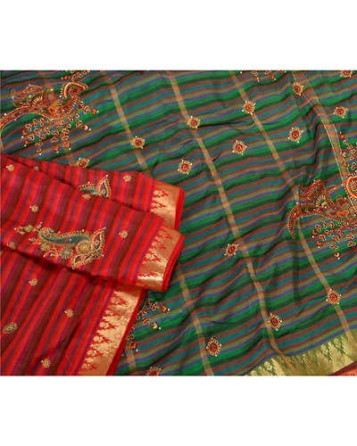 Sanskriti Vintage Green/Red Indian Sarees Pure Silk Hand Beaded Sari Fabric, PS-61827-Green &amp; Red-Thread Work-100% Pure Silk-8