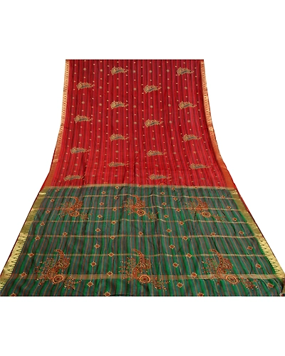 Sanskriti Vintage Green/Red Indian Sarees Pure Silk Hand Beaded Sari Fabric, PS-61827-Green &amp; Red-Thread Work-100% Pure Silk-9