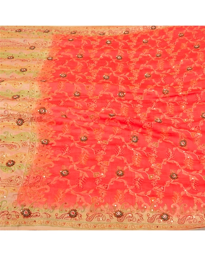 Sanskriti Vintage Peach Sarees Pure Silk Hand Beaded Woven Ethnic Sari Fabric, PS-61854-Peach-Woven Work-Pure Silk-4