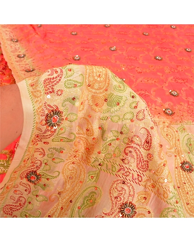 Sanskriti Vintage Peach Sarees Pure Silk Hand Beaded Woven Ethnic Sari Fabric, PS-61854-Peach-Woven Work-Pure Silk-5