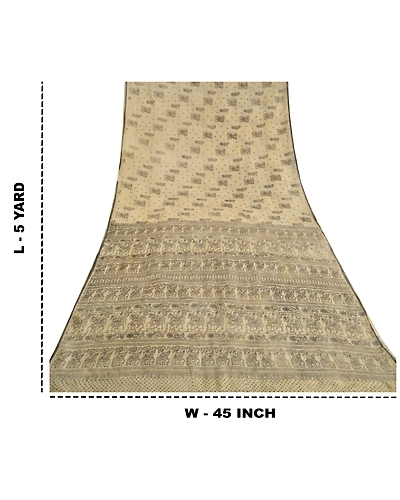 Sanskriti Vintage Ivory Sarees Pure Silk Hand-Block Printed Human Sari Fabric, PS-61940-Ivory-Hand-Block Printed Work-Pure Silk-1