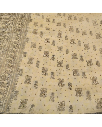 Sanskriti Vintage Ivory Sarees Pure Silk Hand-Block Printed Human Sari Fabric, PS-61940-Ivory-Hand-Block Printed Work-Pure Silk-4