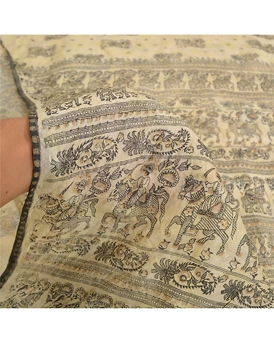 Sanskriti Vintage Ivory Sarees Pure Silk Hand-Block Printed Human Sari Fabric, PS-61940-Ivory-Hand-Block Printed Work-Pure Silk-5