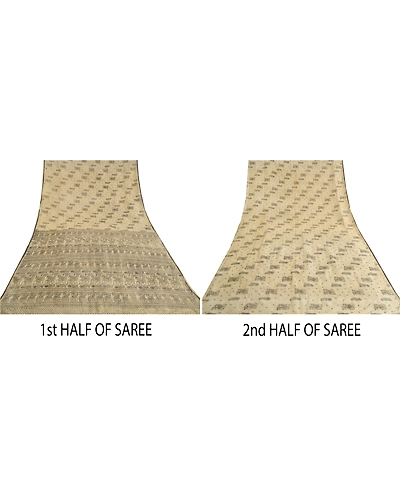 Sanskriti Vintage Ivory Sarees Pure Silk Hand-Block Printed Human Sari Fabric, PS-61940-Ivory-Hand-Block Printed Work-Pure Silk-6