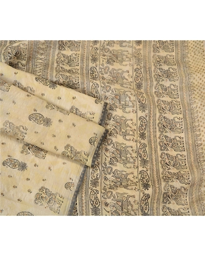 Sanskriti Vintage Ivory Sarees Pure Silk Hand-Block Printed Human Sari Fabric, PS-61940-Ivory-Hand-Block Printed Work-Pure Silk-9
