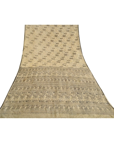 Sanskriti Vintage Ivory Sarees Pure Silk Hand-Block Printed Human Sari Fabric, PS-61940-Ivory-Hand-Block Printed Work-Pure Silk-10