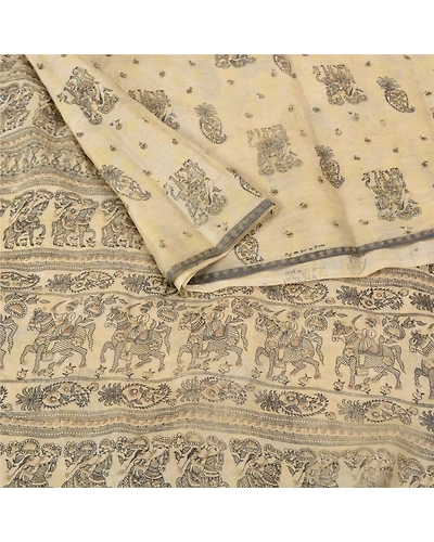 Sanskriti Vintage Ivory Sarees Pure Silk Hand-Block Printed Human Sari Fabric, PS-61940-Ivory-Hand-Block Printed Work-Pure Silk-11