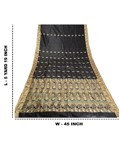 Sanskriti Vintage Black Indian Sarees Art Silk Woven Baluchari Human Sari Fabric, PS-61954-Black-Woven Work-Art Silk-1