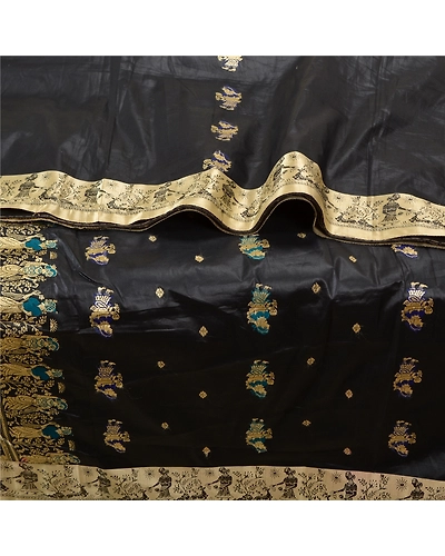 Sanskriti Vintage Black Indian Sarees Art Silk Woven Baluchari Human Sari Fabric, PS-61954-Black-Woven Work-Art Silk-2