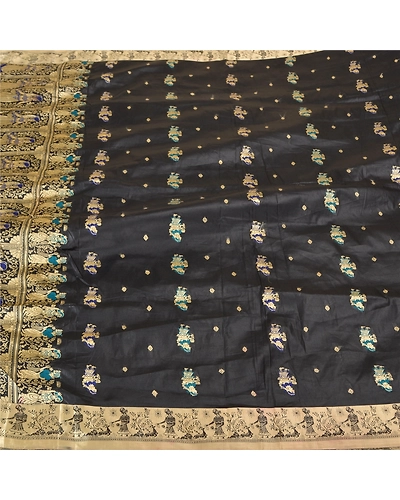 Sanskriti Vintage Black Indian Sarees Art Silk Woven Baluchari Human Sari Fabric, PS-61954-Black-Woven Work-Art Silk-4