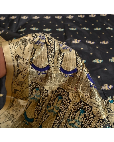 Sanskriti Vintage Black Indian Sarees Art Silk Woven Baluchari Human Sari Fabric, PS-61954-Black-Woven Work-Art Silk-5