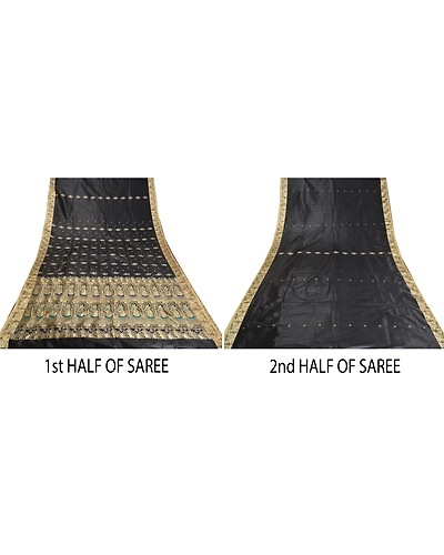 Sanskriti Vintage Black Indian Sarees Art Silk Woven Baluchari Human Sari Fabric, PS-61954-Black-Woven Work-Art Silk-6