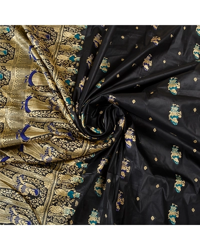 Sanskriti Vintage Black Indian Sarees Art Silk Woven Baluchari Human Sari Fabric, PS-61954-Black-Woven Work-Art Silk-7