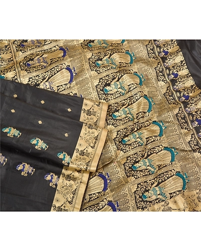 Sanskriti Vintage Black Indian Sarees Art Silk Woven Baluchari Human Sari Fabric, PS-61954-Black-Woven Work-Art Silk-8