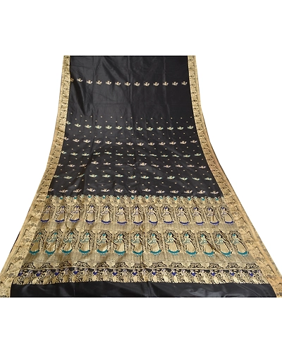 Sanskriti Vintage Black Indian Sarees Art Silk Woven Baluchari Human Sari Fabric, PS-61954-Black-Woven Work-Art Silk-9