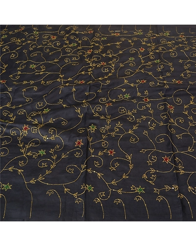 Sanskriti Vintage Black Indian Sarees Pure Silk Hand Beaded Sari Craft Fabric, PS-61978-Black-Zari Work-Pure Silk-4