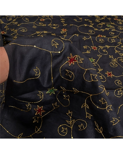 Sanskriti Vintage Black Indian Sarees Pure Silk Hand Beaded Sari Craft Fabric, PS-61978-Black-Zari Work-Pure Silk-5