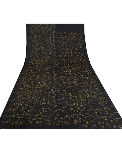 Sanskriti Vintage Black Indian Sarees Pure Silk Hand Beaded Sari Craft Fabric, PS-61978-Black-Zari Work-Pure Silk-9