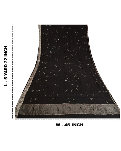 Sanskriti Vintage Black Sarees Pure Silk Hand Beaded Premium Sari Craft Fabric, PS-61980-Black-Zardozi Work-Pure Silk-1