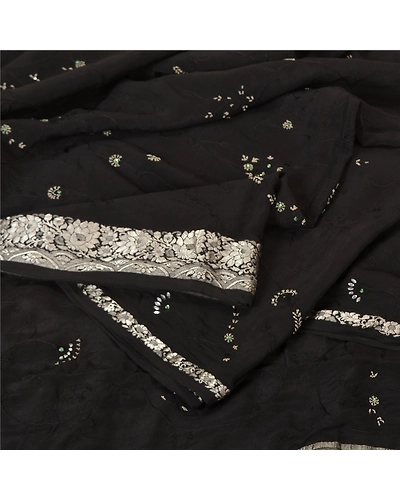 Sanskriti Vintage Black Sarees Pure Silk Hand Beaded Premium Sari Craft Fabric, PS-61980-Black-Zardozi Work-Pure Silk-2