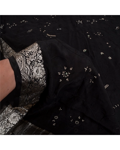 Sanskriti Vintage Black Sarees Pure Silk Hand Beaded Premium Sari Craft Fabric, PS-61980-Black-Zardozi Work-Pure Silk-5