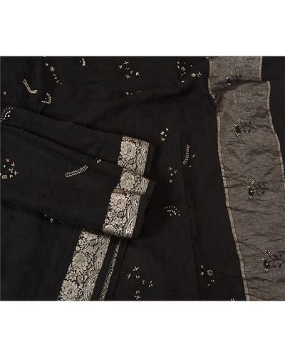 Sanskriti Vintage Black Sarees Pure Silk Hand Beaded Premium Sari Craft Fabric, PS-61980-Black-Zardozi Work-Pure Silk-9