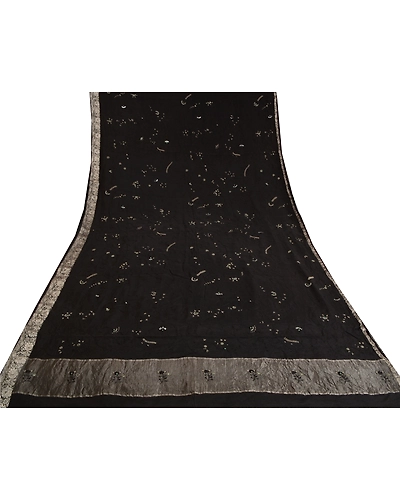 Sanskriti Vintage Black Sarees Pure Silk Hand Beaded Premium Sari Craft Fabric, PS-61980-Black-Zardozi Work-Pure Silk-10