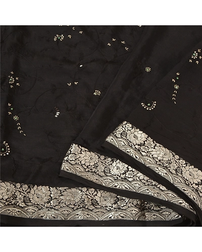 Sanskriti Vintage Black Sarees Pure Silk Hand Beaded Premium Sari Craft Fabric, PS-61980-Black-Zardozi Work-Pure Silk-11
