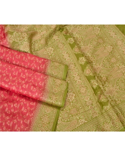 Sanskriti Vintage Green/Pink Sarees 100% Pure Silk Woven Premium Sari Fabric, PS-61981-Green &amp; Pink-Woven Work-Pure Silk-9