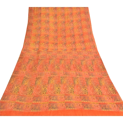 Sanskriti Vintage Orange Sarees Pure Chiffon Silk Printed Fabric Craft Sari, PRG-8961