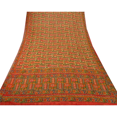 Sanskriti Vintage Cream Sarees 100% Pure Chiffon Silk Printed Sari Craft Fabric, PRG-7115
