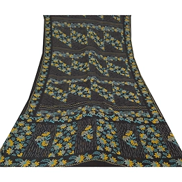 Sanskriti Vintage Black Sarees Blend Georgette Printed Sari 5Yd Craft Fabric, PRG-9915