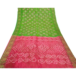 Sanskriti Vintage Green Saree Blend Georgette Bandhani Printed Sari Craft Fabric, PRG-8024