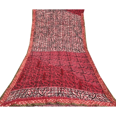 Sanskriti Vintage Sarees Red Blend Georgette Floral Printed Sari Craft Fabric, PRG-10004